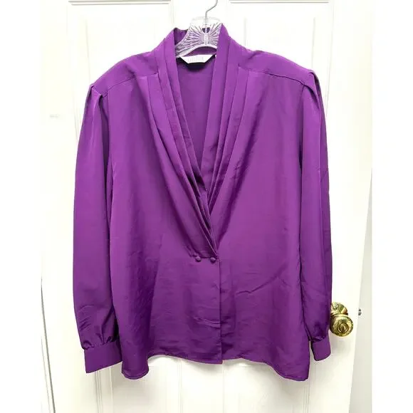 Vintage Sellecca Blouse Purple Padded Shoulders Puff Sleeves V-Neck Size 14 - Picture 1 of 7